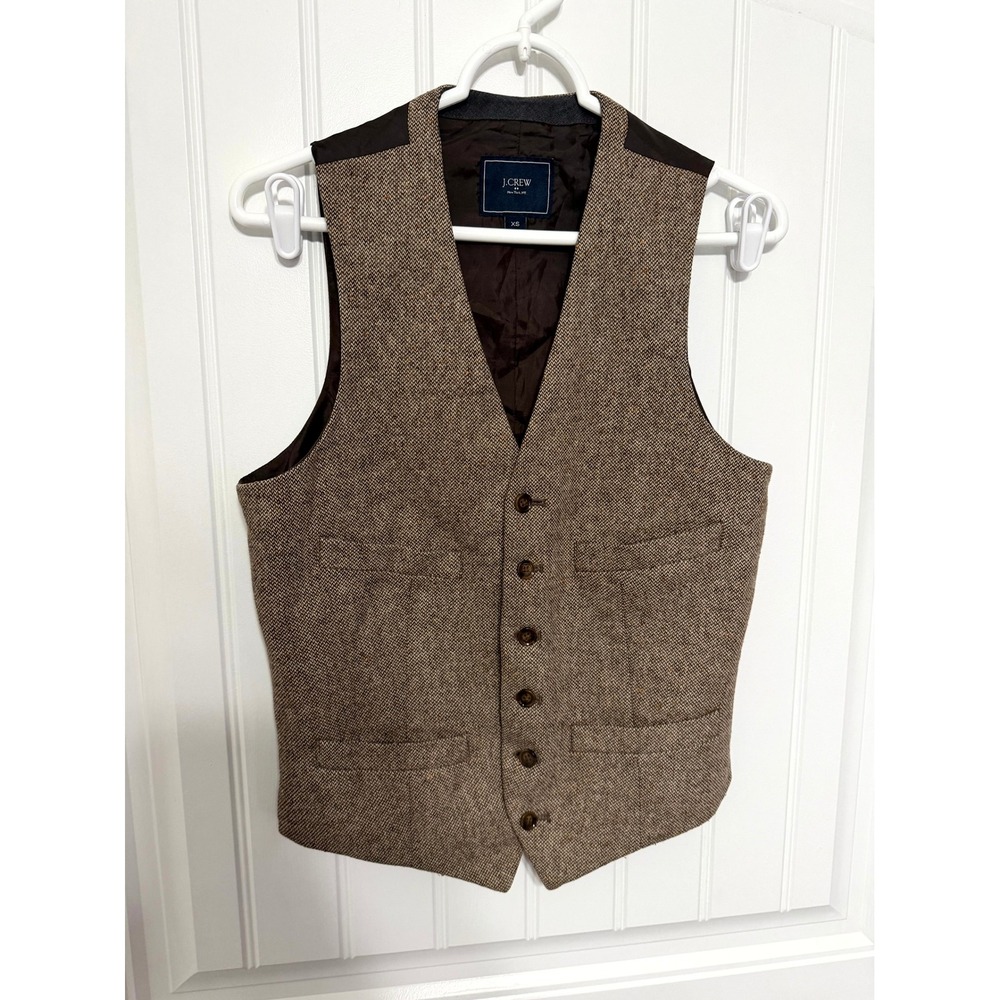 J.Crew Vest Mens XS Brown Herringbone Tweed Wool Blend Button Front Waistcoat - Picture 1 of 6